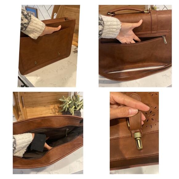 Vegan messenger laptop laser cut crossbody bag brown adjustable shoulder strap - Picture 5 of 6